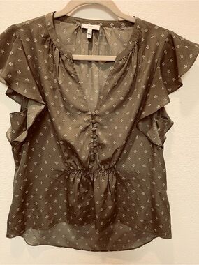Joie Olive Green Dot-Print Ruffle Sleeve Blouse